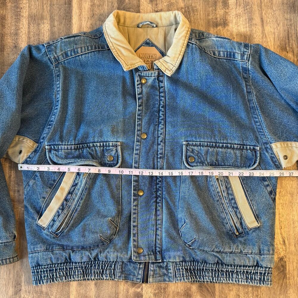 VTG 90s Denim Bomber Jacket 100% Cotton Heavyweight Utility Y2K Jean Unisex XL - Picture 4 of 12